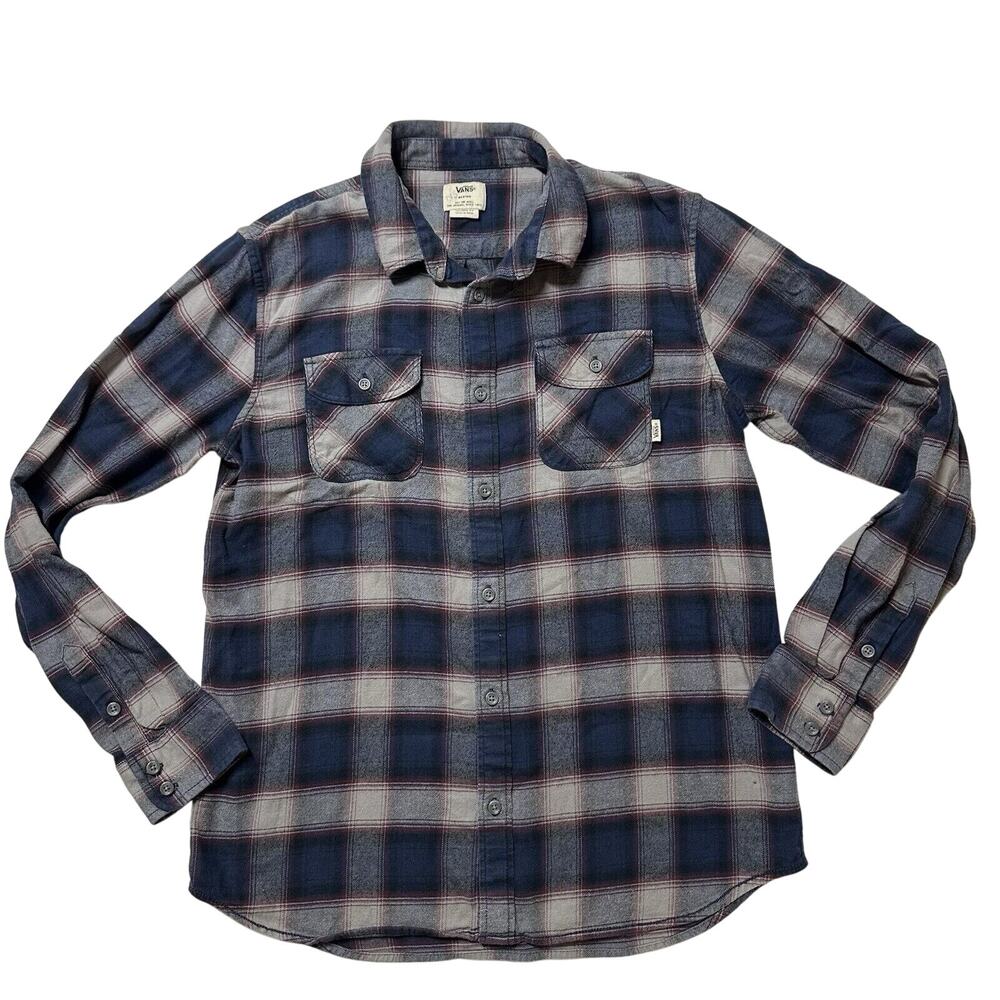 Vans Flannel Button Down Shirt Red Blue Plaid Stripe Square Mens Medium
